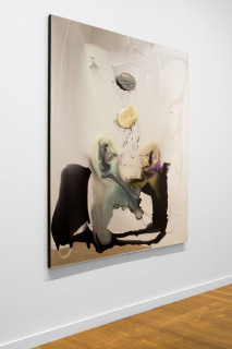 installation view; Dale Frank He worried that he might forget himself, his thoughts might jump out with the ability to speak aloud, with a mind of their own, and a nastiness, trace his searching stare to caress her outline under her clothes, 2026; colour powder pigments in Epoxyglass, Epoxyglass, on perspex; 200 x 180 cm; enquire