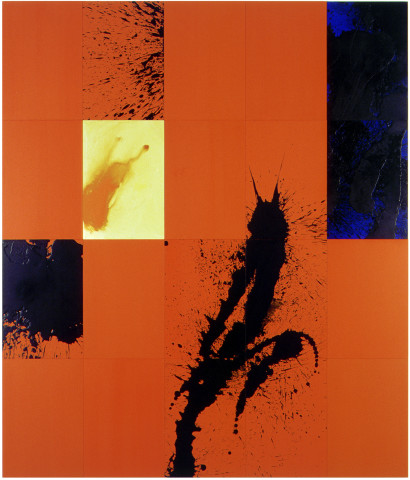 Lindy Lee First Principle, 2001; 20 panels; acrylic, oil, wax, and ink on board; 166 x 147 cm; enquire