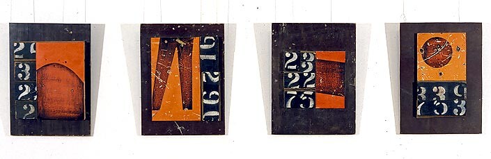 Rosalie Gascoigne Top End, 0; retro-reflective roadsign and sawn wood on craftboard; 4 panels: 54 x 38.5cm, 53.5 x 40cm, 53.5 x 40cm, 53.5 x 39cm; enquire