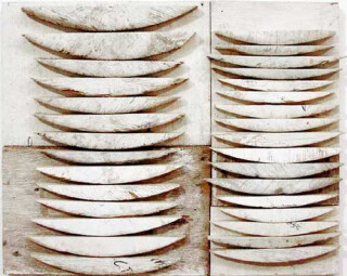 Rosalie Gascoigne Tidal, 1997; painted wood (from cable drums) on painted plywood; 45 x 56 cm; enquire