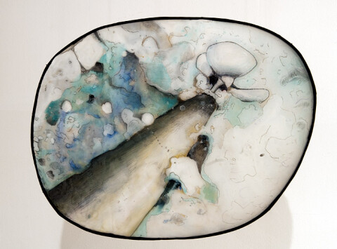 Hossein Ghaemi Ussef: if your batteries die... Issiac: would you bury em?, 2010; 2 parts: Liquid glass, paper, boxboard, gouache, pencil, chalkboard paint; Papier-mache, paper, calico, plastic, wood; 2 parts: 30 x 36; 32 x 32 x 95; enquire
