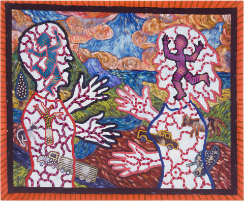 Gary Carsley Meeting like this, 1985; oil and spray paint on linen; 107 x 133 cm; enquire