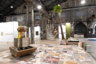 Mike Hewson Frog pond fountain stack, 2026; salvaged Sydney Opera House precast concrete panels, concrete ballast masonry unit, Sydney Sandstock brick, Mount Gambier sandstone blocks, custom-moulded plastic bucket, salvaged Sydney sandstone, granite, recirculating pond pump; 200 x 170 x 120 cm; enquire