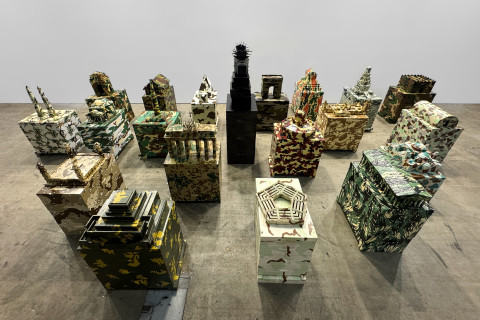 Fiona Hall The Barbarians at the Gate, 2010-2026; wooden beehives, wood and metal architectural models, plastic 'action' dolls, paint; installation dimensions variable; enquire