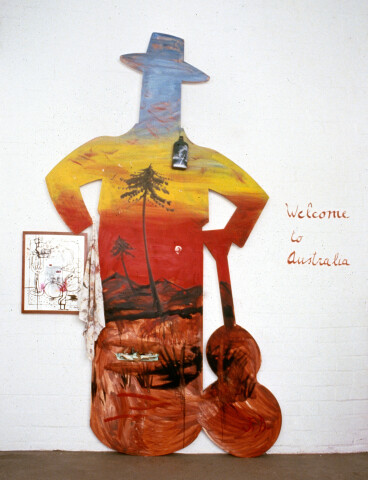 Juan Davila Welcome to Australia, 1993; oil & collageon wood, perspex & paper; 270 x 152 cm; enquire