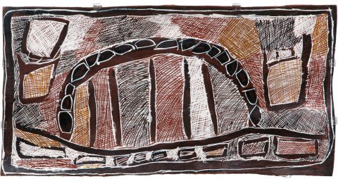 Nyapanyapa Yunupiŋu Sydney Harbour Bridge, 2008; Natural earth pigments on bark
3439T; 40 x 79 cm; enquire