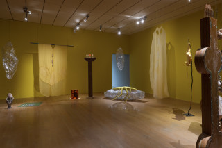Mikala Dwyer The Divisions, Subtractions and Additions: Séance for the Spiderworms, 2026; wood, plastic, resin, bronze, ceramic, insects, silk and silicone; dimensions variable; enquire