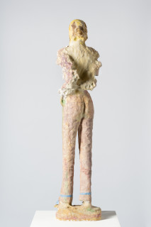 Linda Marrinon Woman with pink cummerbund, 2025; painted plaster and muslin; 118 x 30 x 18 cm; enquire