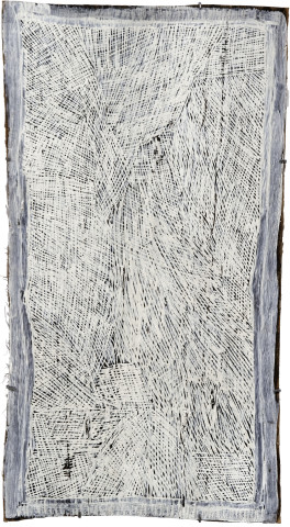 Nyapanyapa Yunupiŋu White Painting #3, 2009; Natural earth pigments on bark
3582I; 98 x 53 cm; enquire