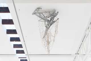 Jim Lambie Crushed Barrier (Everlasting Blanket of Stars), 2026; crushed metal barrier, safety pins, pearlescent beads; 120 x 60 x 70 cm; enquire