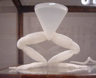 Fiona Hall Cell Culture (detail), 2002; glass, metal, pvc, beads in vitrine; 158.1 x 250.2 x 90.2 cm; dimensions variable; enquire