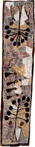 Nyapanyapa Yunupiŋu Banyan Trees and Bulldozers, 2008; natural earth pigments on bark; 181 x 43 cm; enquire
