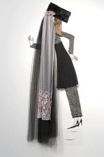 Jacqueline Fraser   , 2004; Nylon hair, faux fur, black tulle, French hand beaded lace, Italian wool suiting, vylene stiffening, pleated plyester; 170 x 100 x 15 cm; enquire