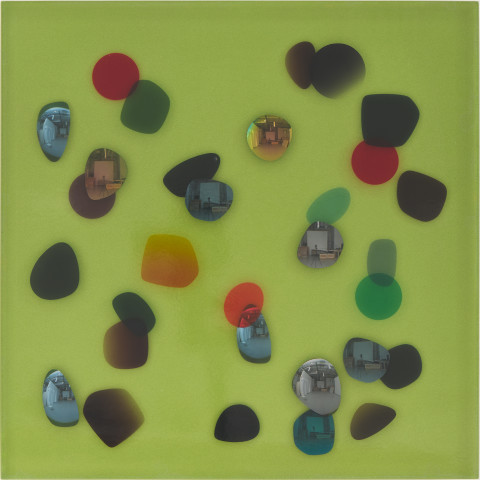 Jim Lambie March 1988, Symphony, 2026; resin, sunglasses lens, birch plywood, paint; 51 x 51 x 5 cm; more info; enquire