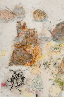 John Wolseley Walk across geological strata – Proterozoic to late Silurian: each step a million years II (detail), 2025; watercolour, graphite, charcoal, frottage and nature prints on paper; 123 x 135 cm; 143 x 151 cm (framed); enquire