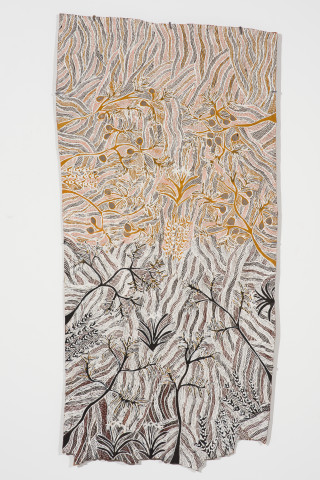 Yalmakany Marawili Dhaŋgi, Wärrkarr, Murrtjumun and Butjiriŋaniŋ, 2024; 2403-24; earth pigments on Stringybark; 143 x 71.5 cm; more info; enquire
