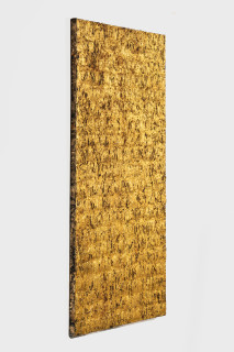 Kirtika Kain Untitled i, 2026; cotton, wax, charcoal, gold leaf, sand and tar; 183 x 91 cm; enquire