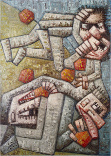 Keith Looby Itshot holes ina common reality, 1983-84; from the series Bureaucracy Suite; oil on canvas; 215 x 155 cm; enquire