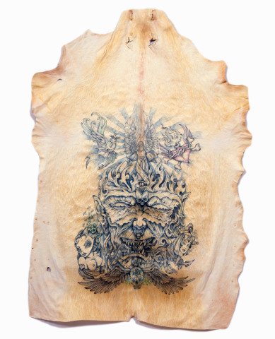 Wim Delvoye Untitled (Hate), 2006; tattooed pigskin, framed between glass; 190 x 139 cm; enquire
