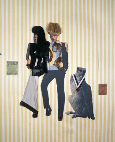 Jacqueline Fraser The Ventriloquist says, 2005; pleated lace, wigs, sequin braid, sequin knit, taffeta ribbon, faux fur, back light photo, French silk brocade; 180 x 180 cm; enquire