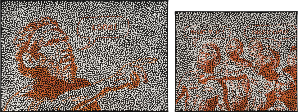 Daniel Boyd Untitled (PAMLATDOH), Untitled (ITIIKWWD), 2025; oil, acrylic and archival glue on paper mounted to canvas; diptych; 50 x 75 cm, 45 x 55 cm; enquire