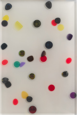 Jim Lambie September 1980, The Crystal Ship, 2026; resin, sunglasses lens, birch plywood, paint; 91.5 x 61 x 5 cm; more info; enquire