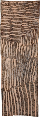 Nyapanyapa Yunupingu Lines Pink and Black 1, 2017; 4044-17; natural earth pigments on bark; 214 x 71 cm; Enquire