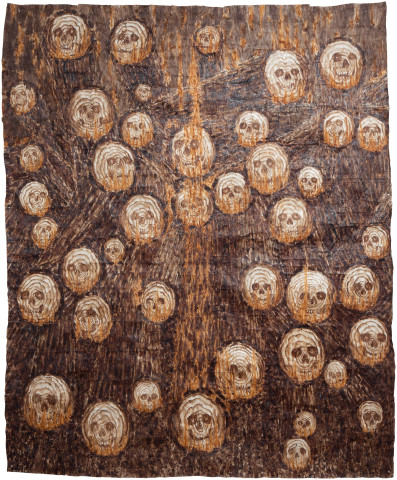 Fiona Hall Flame Throwers, 2013; bark cloth with earth pigments and plant dyes; 290 x 235 cm; enquire