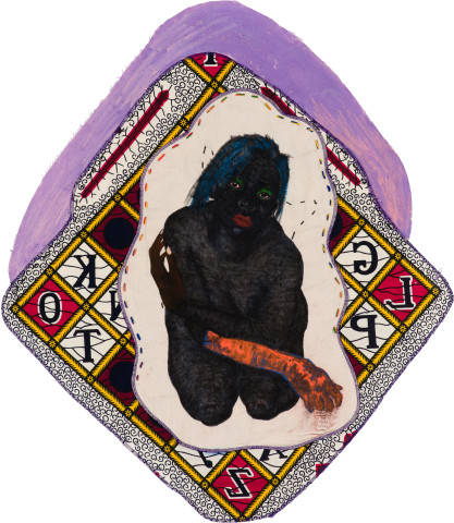 Pierre Mukeba (katika jina la Yesu)/all that is evil shall fall/scattered), 2022; Kikwembe, calico, oil paint, ink, brush pen, acrylic paint, pastel, fabric on unprimed canvas; 87 x 76 cm; more info; enquire