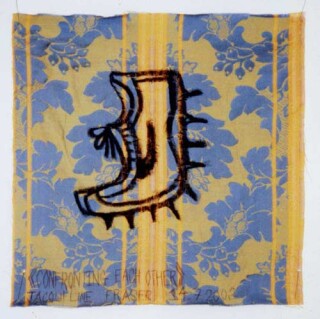 Jacqueline Fraser >, 2002; from the series Jacqueline Fraser 14.7.2002 Parisian Fabric Drawings; Oil stick on blue and gold striped brocade; 32 x 32 cm; enquire