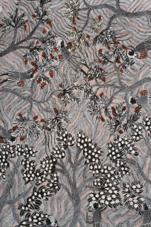 Yalmakany Marawili Harvesting fruit (detail), 2025; 3525-25; earth pigments on stringybark; 216 x 97 cm; enquire