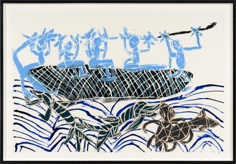 Dhambit Munuŋgurr Turtle Hunters, 2024; 3637-24; acrylic on paper; 81.5 x 121 cm; enquire