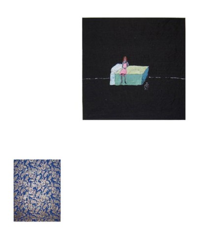 Jenny Watson Long night of the soul I, 2004; 2 panels: acrylic on Indian silk, acrylic on Indian brocade; 2 panels: 90.5 x 91cm, 40 x 30.5cm; enquire