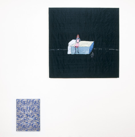 Jenny Watson Long night of the soul I, 2004; 2 panels: acrylic on Indian silk, acrylic on Indian brocade; 2 panels: 90.5 x 91cm, 40 x 30.5cm; enquire