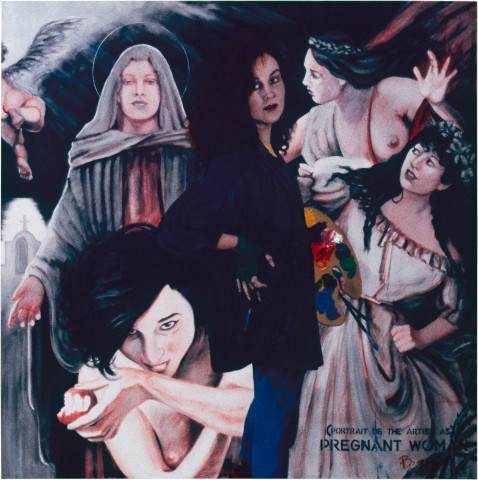 Annette Bezor Portrait of the Artist as a Pregnant Woman, 1985; colour pencil and oil on canvas, ceramic cherub; 160 x 160 cm; enquire