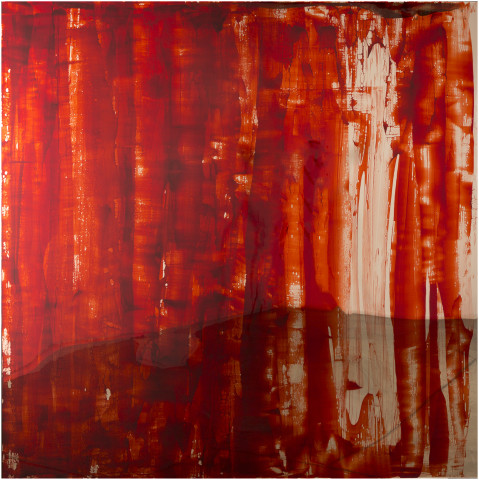 Dale Frank Bangladeshi, 2016; Bluebird Blood under Liquid Glass on perspex; 200 x 200 cm; enquire