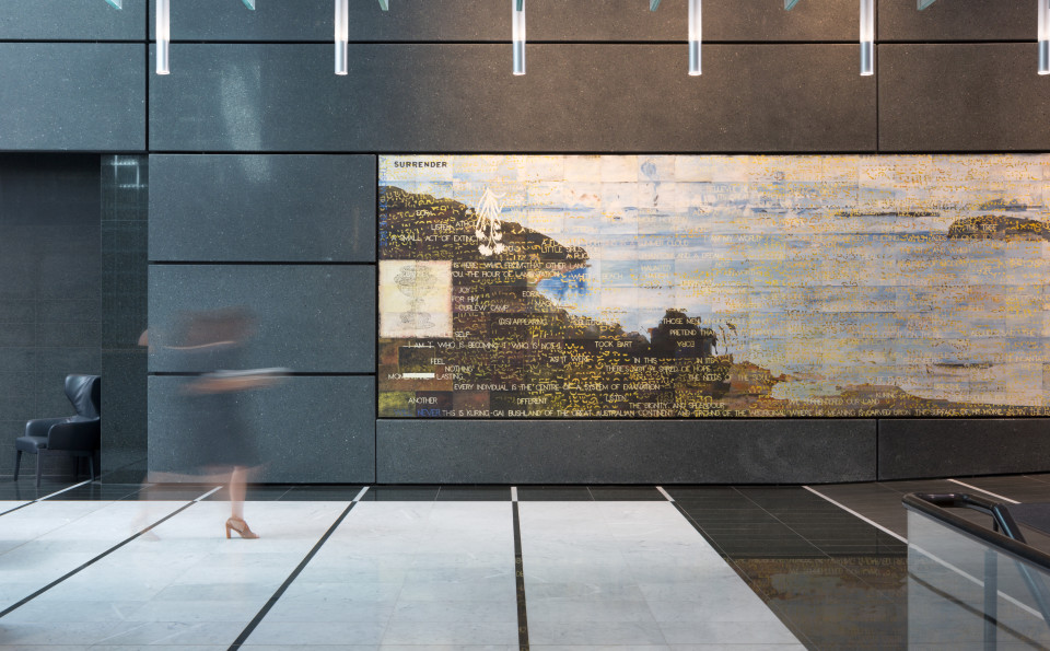 Installation view, Imants Tillers Written in Water (Hymn to Sydney), 2014; synthetic polymer paint, gouache on 270 canvasboards; nos. 91939 —92208; 254 x 960 cm