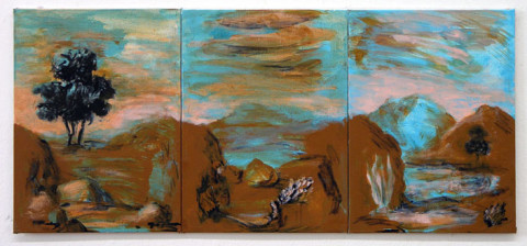 Tony Clark Sections from Clark's Myriorama, 2006; acrylic and permanent ink on canvas board; 3 panels, overall dimensions 30.5 x 68 cm; enquire
