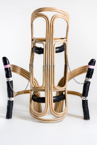 Sarah Contos Bed, 2019; repurposed cane and leather, poly-fibre, stainless hardware; 162 x 140 x 50 cm; Enquire