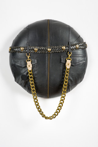 Sarah  Contos Baby I, 2019; repurposed leather, foam, artist's belts; 55 x 40 x 11 cm; enquire