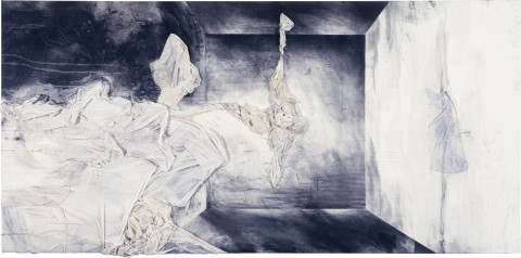 Richard Goodwin Island Tower for Anchorite, 1987; cotton, acrylic, graphite and chalk on canvas; 125 x 255 cm; enquire