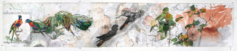 John Wolseley 4. A History of Parrots, Drifting maps and Warming seas, 2005; watercolour, charcoal and coloured pencils on paper; 66.5 x 346 cm (paper), 92 x 372 cm (framed); enquire