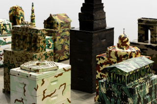 Fiona Hall The Barbarians at the Gate (detail), 2010-2026; wooden beehives, wood and metal architectural models, plastic 'action' dolls, paint; installation dimensions variable; enquire