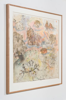 John Wolseley Walk across geological strata - Proterozoic to late Silurian: each step a million years III, 2025-26; watercolour, graphite, charcoal and nature prints on paper; 107 x 124 cm; 134 x 149 cm (framed); enquire