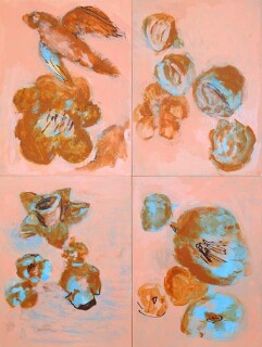 Tony Clark Still life with bird, 2004; acrylic and permanent ink on prepared paper on board 4 panels; 61 x 45 cm; enquire
