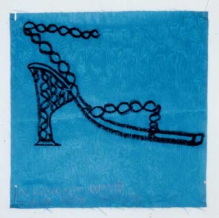 Jacqueline Fraser >, 2002; from the series Jacqueline Fraser 14.7.2002 Parisian Fabric Drawings; Oil stick on blue water stained taffeta; 32 x 32 cm; enquire