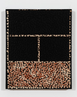 Daniel Boyd Untitled (HTHAGSGC), 2025; oil, ink and archival glue on paper mounted to board; 30 x 25 cm; enquire