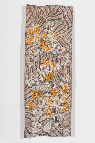 Yalmakany Marawili Galaḏay, 2025; 3629-25; earth pigments on stringybark; 96.5 x 35 cm; more info; enquire