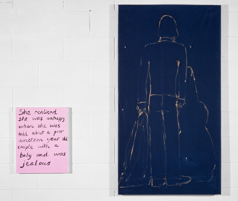 Jenny Watson Boy With A Blue Guitar, 1992; Oil on taffeta with netting and sequins plus synthetic polymer paint on stretcher; 145cm x 39.5cm; 51cm x 40.5cm; enquire