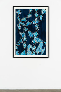 installation view; Dhambit Munuŋgurr Djirikitj and Fire, 2024; 2916-24; acrylic on paper; 121 x 81 cm; enquire